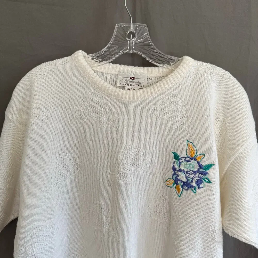 Vintage Worthington Sweater 80s Floral Embroidery Hearts Kitsch Cute Size Medium